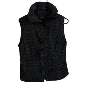 Samuel Dong Womens Jacket Black Zip Snap Ruffle Collar Texture Crinkle Pockets